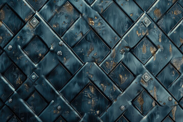 Dark metal plates bolted closely, interweaving with rusty, weathered texture