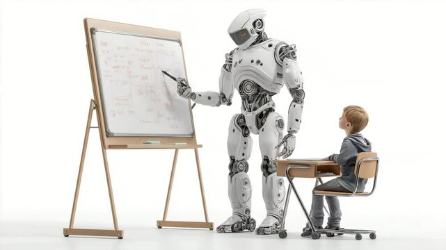 Roboter lehrt und unterrichtet Kind an Tafel &ndash; Zukunft der Bildung und Schule digital . K&uuml;nstliche Intelligenz KI