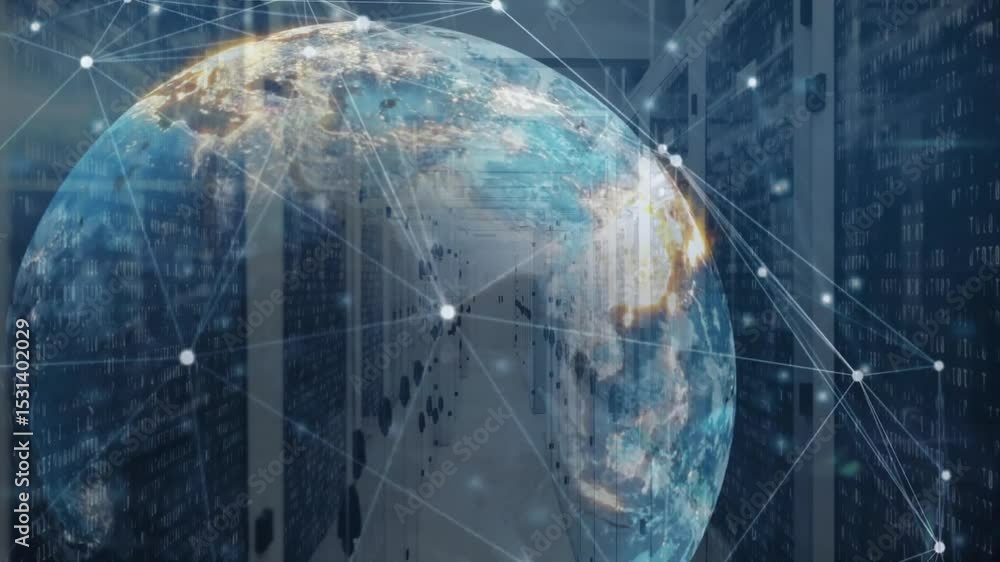 Poster on start, translucent 3d globe rotating slowly showing nodes forming network for global data flow