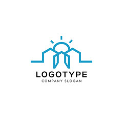 Houses logo with sun in vector. City logo in vector. Logo in line style.