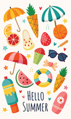 Cheerful hello summer illustration featuring beach accessories fruits and vacation elements
