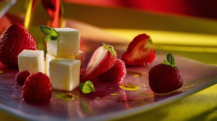 A red-toned table setting with cheese cubes, strawberries, and neon yellow cloth