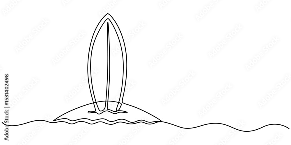Poster single one line drawing surfboard, surfer standing on beach holding surfboard., continuous one line 