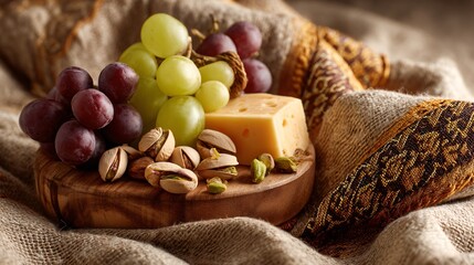 A round wood board with gouda, grapes, and pistachios, surrounded by neutral textile accents,