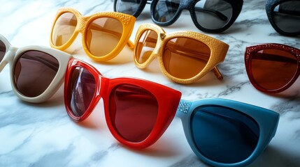 Colorful Sunglasses Arranged on Marble Countertop in Bright Sunlight Studio Shot