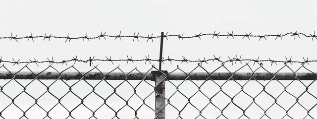Close-up of a security fence featuring barbed wire and chain link, emphasizing safety and restricted access