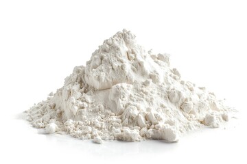 Small mountain of flour resting on a white background, creating a textured and pure image