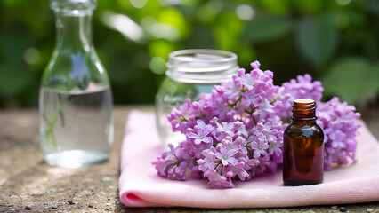 Simple lilac composition for aromatherapy and wellness. Essential oil bottle and fresh lilac flowers for natural product use.