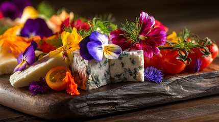 A rustic wood board with colorful cheese selections, cherry tomatoes, and rainbow-hued edible flowers