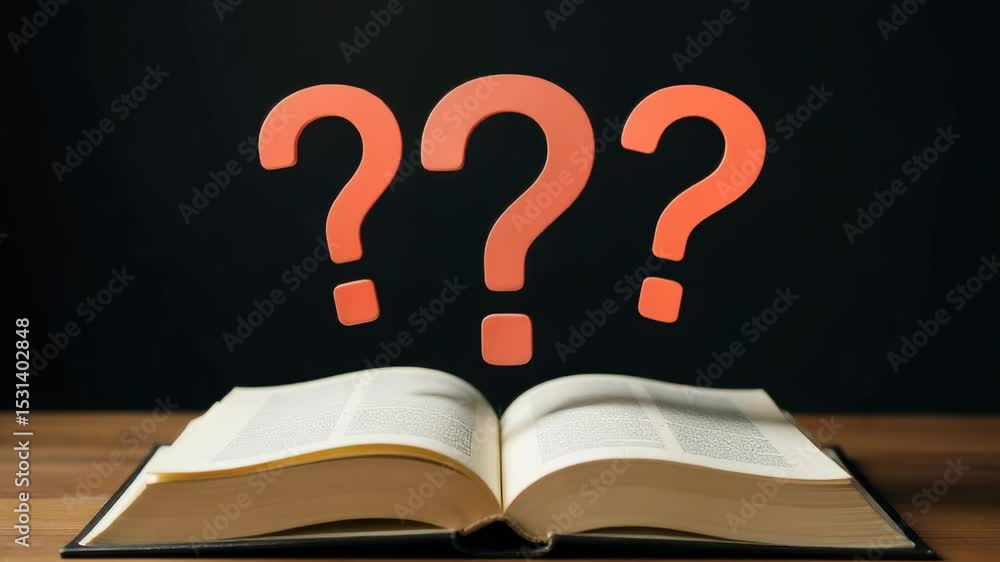 Poster a open book with question marks on top, ready to be explored or used as a thought-provoking prop.