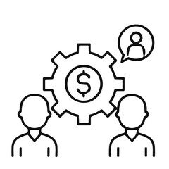 Two people discussing money management with a gear icon