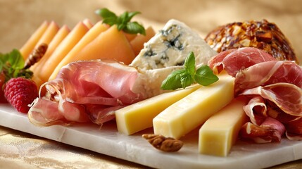 A small cheese platter with prosciutto, melon, and brie, on soft beige background with copy space