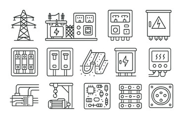 Electrical component set. power supply silhouette icons. cable, socket, circuit breaker, transformer vector icons.