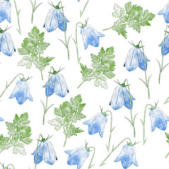Bluebells. Seamless pattern of bluebell flowers with green leaves on a white background.