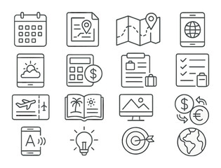 Business icon set. finance, travel, document, calendar, map, currency silhouette vector icons.