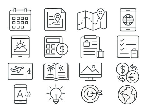 Business icon set. finance, travel, document, calendar, map, currency silhouette vector icons.