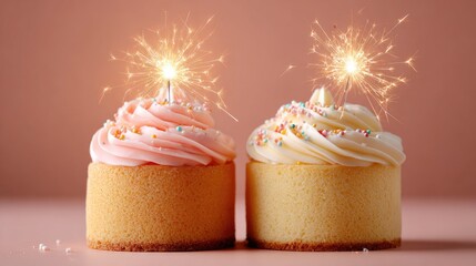 Two decorated cupcakes with sparklers.