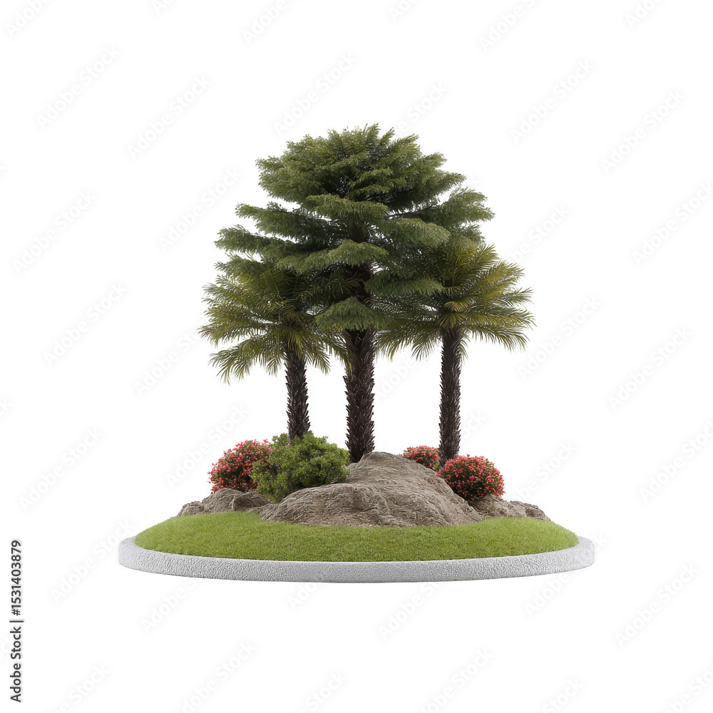 Aufkleber small landscaped garden features cluster of palm trees and coniferous trees surrounded by rocks and 
