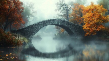 Stone Arch Bridge Reflecting in Calm River Surrounded by Vibrant Autumn Trees
