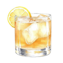 Penicillin cocktail with ice cubes and orange slice garnish in a short glass. Watercolor illustration isolated on transparent background. Whisky-based drink