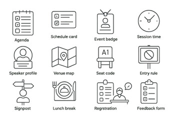 Agenda conference set. event planning linear agenda, schedule, badge, clock, map vector icons.