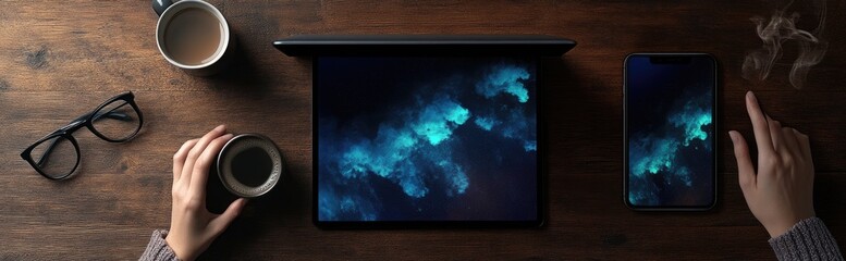 Top-down view of a laptop, tablet, coffee cups, and glasses on a dark wooden table.  The laptop and tablet display abstract, swirling, teal-blue patterns