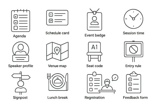 Agenda conference set. event planning linear agenda, schedule, badge, clock, map vector icons.