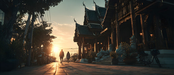 A couple walking down a street in front of a building