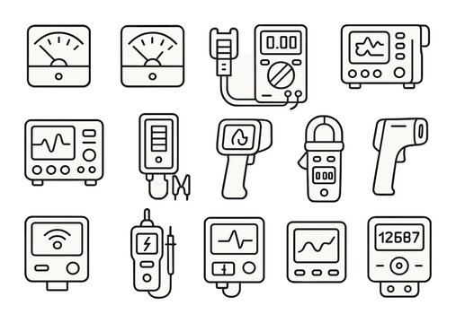 Measurement device set. electronics testing linear multimeter, oscilloscope, thermometer vector icons.