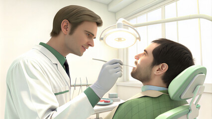 Dentist examining a patient with a focused expression in a bright dental clinic