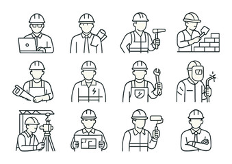 Fototapeta premium Construction worker set. builder, engineer, architect, tools linear vector icons.