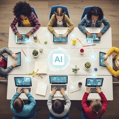 young woman with laptop Ai network 