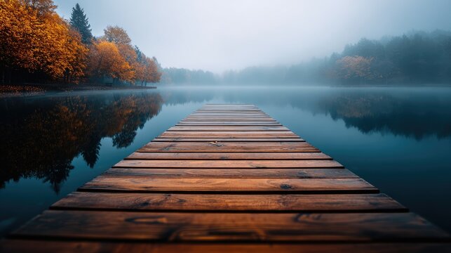 Wooden dock extends into a calm lake on a misty autumn morning.