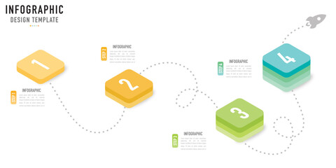 Rectangular isometric infographic template or element with 4 step, process, option, colorful rectangle, bar, column, arrow, minimal style, slide
