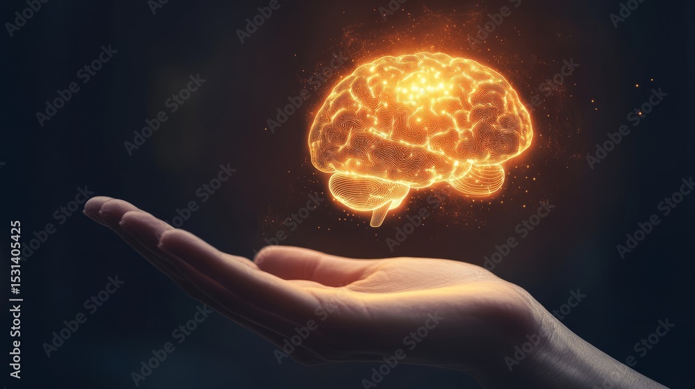 Poster glowing brain floating above open human hand representing artificial intelligence, innovative thinki