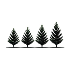 Four stylized pine trees are arranged row, each with symmetrical, triangular shape and detailed branches. trees are depicted minimalist, monochrome style, creating serene and natural atmosphere