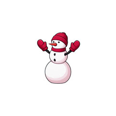 Cheerful snowman with red hat, scarf, and mittens raises its arms in joy. snowman is made of three snowballs and has carrot nose and coal buttons