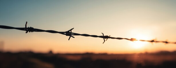 The barbed wire silhouetted against a stunning sunset in a peaceful landscape.