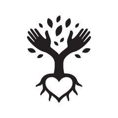 Obraz premium A black and white illustration of a tree with hands as branches and a heart as roots design