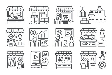 Business icon set. commerce, shipping, robot, clothing, market linear vector icons.