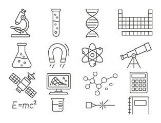 Obraz premium Science equipment set. laboratory, chemistry, physics, astronomy, math linear vector icons