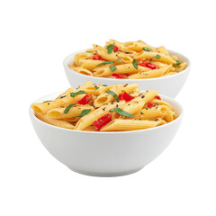 Two bowls of penne pasta garnished with fresh basil and cherry tomatoes, seasoned with black pepper, create vibrant and appetizing presentation