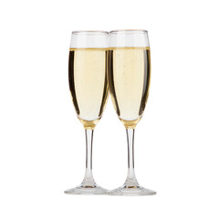 Two elegant champagne flutes filled with sparkling wine are placed side by side, creating celebratory and romantic atmosphere. bubbles rise gently, adding touch of festivity