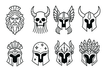 Ancient warrior helmet set. historical silhouette helmets. greek, viking, knight, skull vector icons.