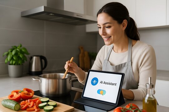 Young Woman Cooking with AI Recipe Assistant on Tablet in High-Tech Modern Kitchen Environment