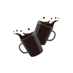 Two black coffee mugs with splashing liquid create dynamic and energetic scene. mugs are tilted towards each other, suggesting celebratory toast