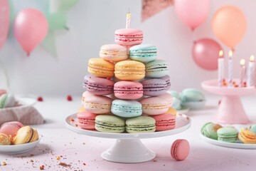 Birthday cake made of colourful macarons