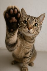 POV grey tabby cat touching camera with paw AI generated