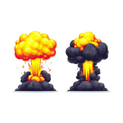 Two vibrant cartoon explosions with fiery yellow and orange clouds rise dramatically, surrounded by dark smoke. dynamic illustration captures intense energy and motion of blasts