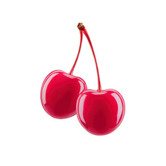 Two vibrant red cherries with stems are depicted against plain background, showcasing their glossy texture and fresh appearance